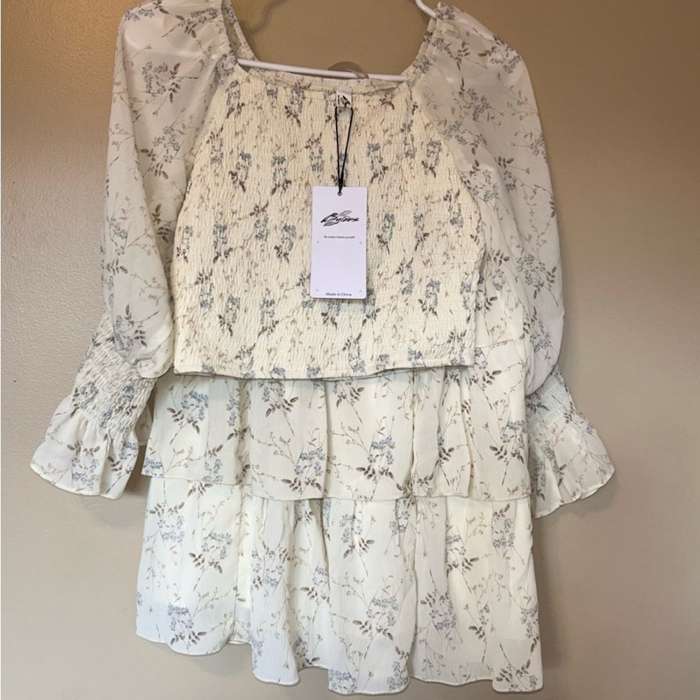 Womens White Blue Floral 2-Piece Set Off Shoulder Top + Skirt Cottagecore Boho S - Picture 3 of 12